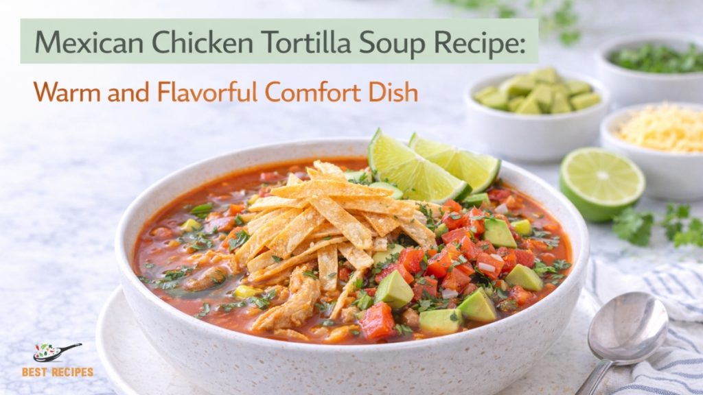 Mexican Chicken Tortilla Soup Recipe: Easy Homemade Soup Mexican chicken tortilla soup with avocado and tortilla strips