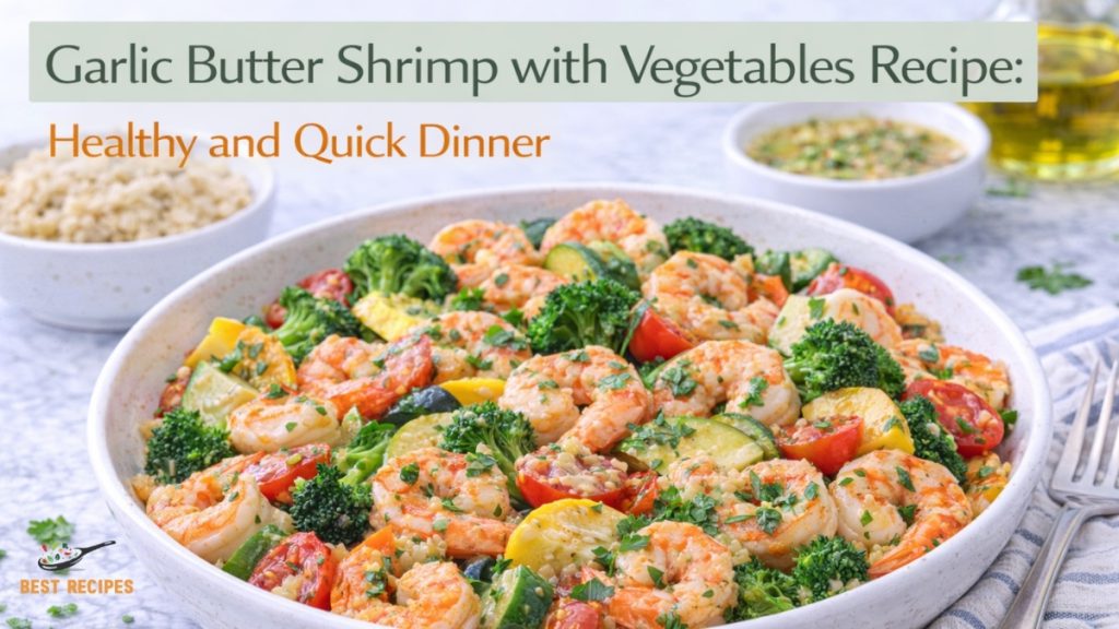 Garlic Butter Shrimp Recipe: Healthy Shrimp Dinner Garlic butter shrimp with vegetables in a skillet