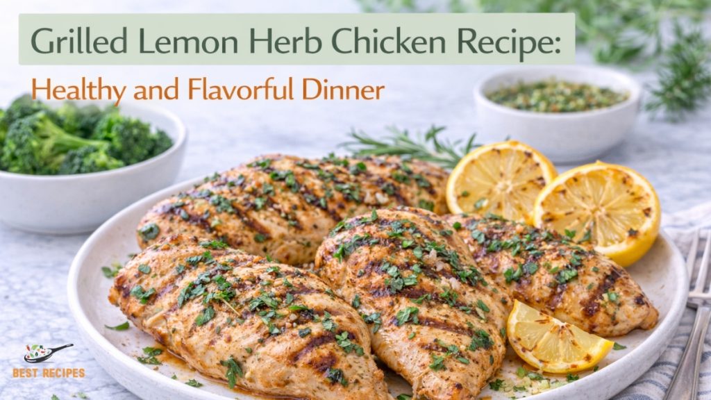 Grilled lemon herb chicken with fresh herbs and lemon slices