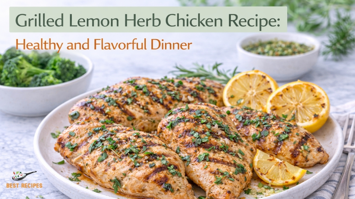 Grilled lemon herb chicken with fresh herbs and lemon slices