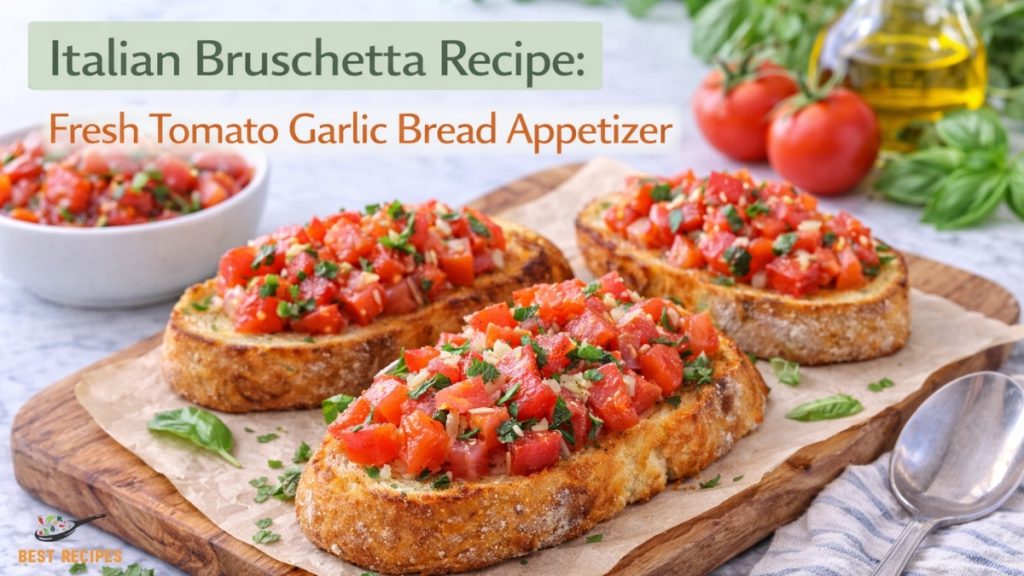 Italian Bruschetta Recipe: Fresh Tomato Garlic Bread Italian bruschetta with fresh tomatoes and basil on toasted bread