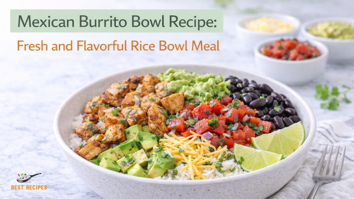 Mexican burrito bowl with rice chicken beans and avocado