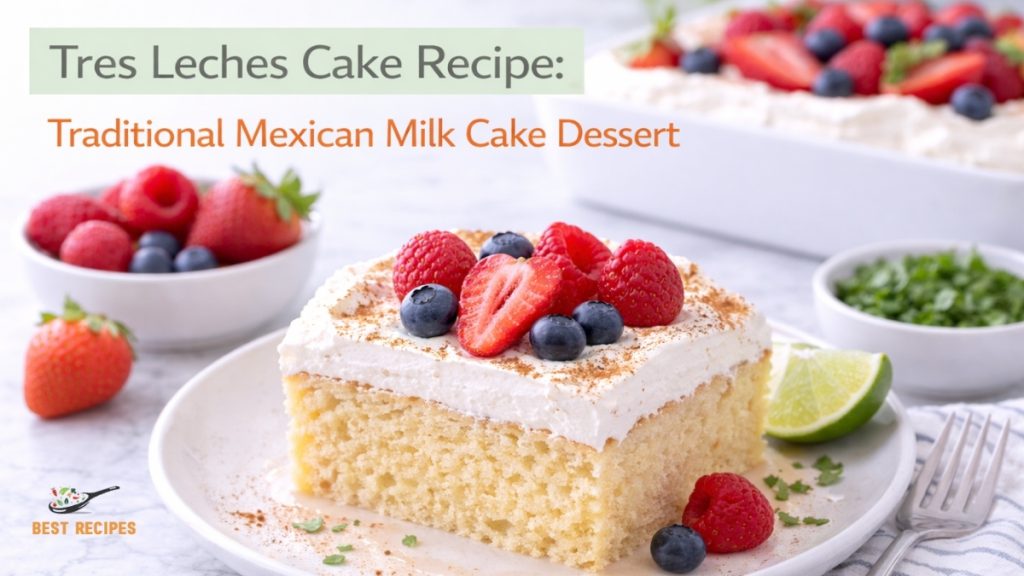 Tres Leches Cake Recipe: Classic Mexican Milk Cake Traditional tres leches cake topped with whipped cream and strawberries