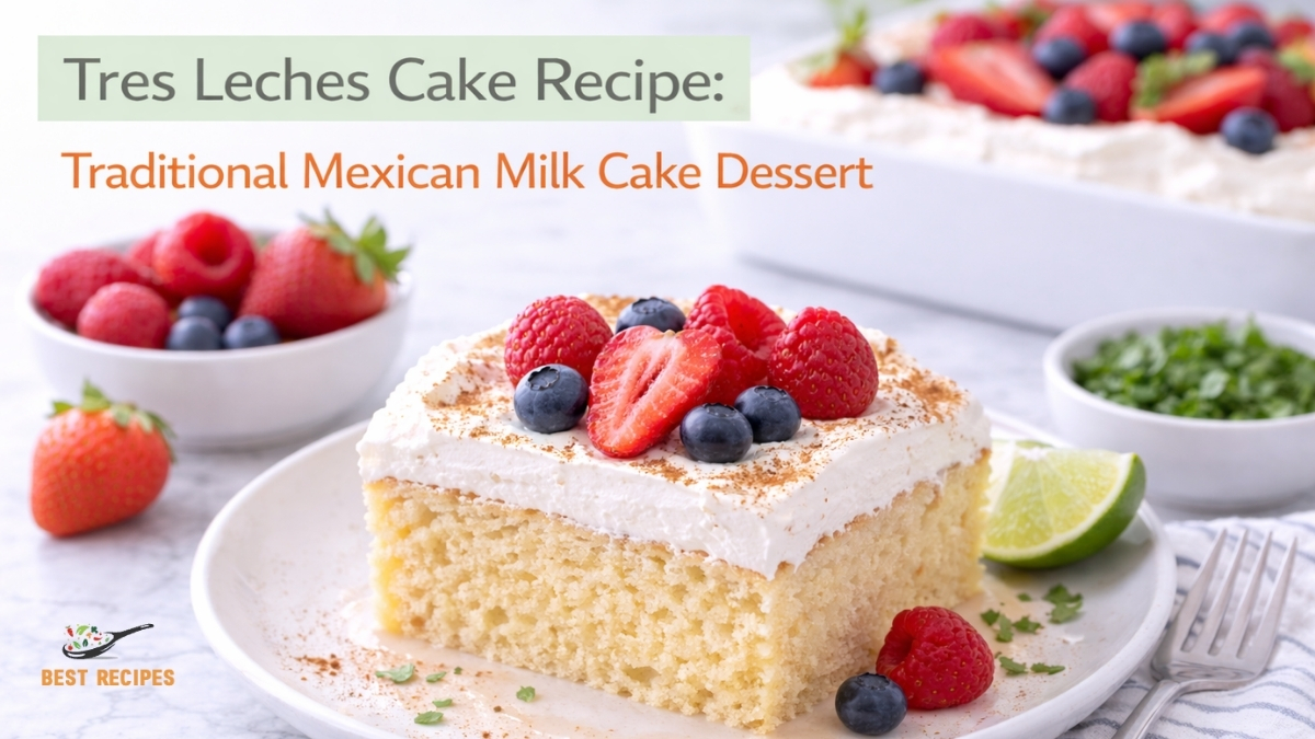 Traditional tres leches cake topped with whipped cream and strawberries